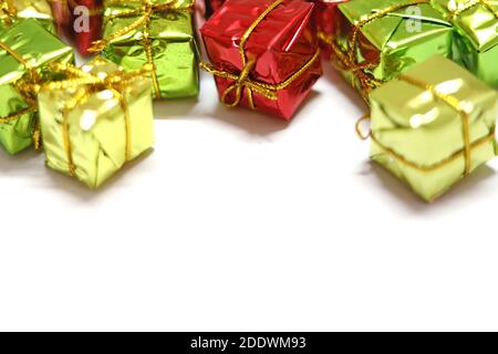 Christmas composition. Frame made of christmas gifts on white background. Stock Photo