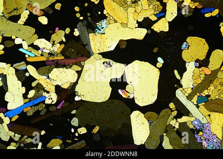 Crystals of photographic developer under microscope with polarized light Stock Photo