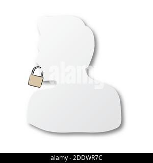 Vector illustration black line hand drawn of lock on human shape cut paper with shadow isolated on white background Stock Vector