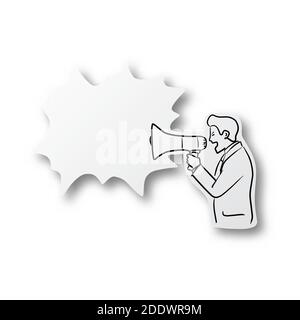 Vector illustration black line hand drawn of businessman holding loudspeaker and shouting on speech bubble shape cut paper with shadow isolated on whi Stock Vector