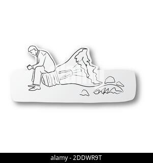 Vector illustration black line hand drawn of businessman sitting at the broken bulb on cut paper with shadow isolated on white background. Business fa Stock Vector