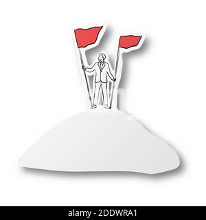 Vector illustration black line hand drawn of businessman and two red flag at top of mountain on cut paper with shadow isolated on white background Stock Vector