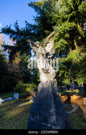 Grave of Reginald Howell with a statue of an angel in South Cemetery, Brookwood Cemetery Glades of Remembrance, Woking, Surrey, south-east England Stock Photo