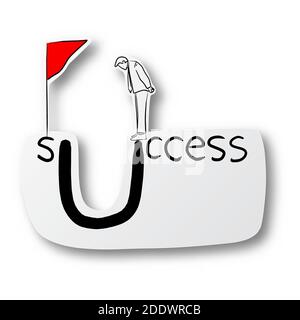 Vector illustration black line hand drawn of businessman thinking of way to the flag of success on cut paper with shadow isolated on white background Stock Vector