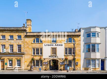 View of the Lygon Arms Hotel, an old coaching inn in High Street, Chipping Campden, a small market town in the Cotswolds in Gloucestershire Stock Photo