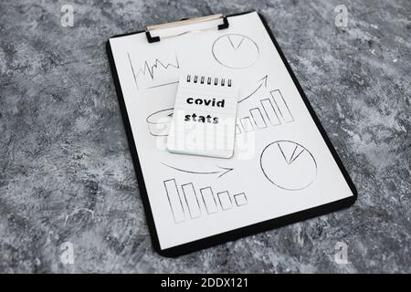 life after the covid-19 virus pandemic conceptual image, clipboard with graph and Covid Stats text Stock Photo