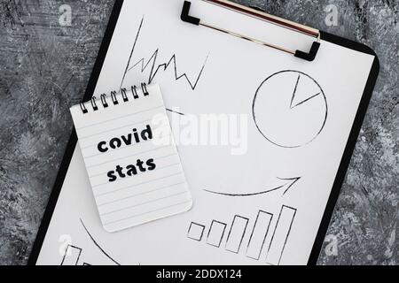 life after the covid-19 virus pandemic conceptual image, clipboard with graph and Covid Stats text Stock Photo