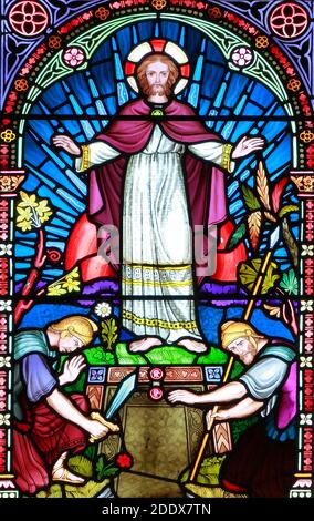 The Resurrection, Jesus is risen, Roman guards, soldiers are afraid, Old Hunstanton, detail of stained glass window by Frederick Preedy, 1867, Norfolk Stock Photo
