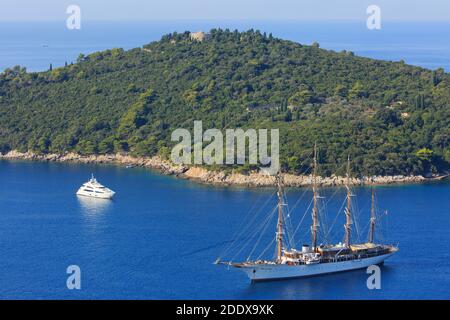 The 4-mast bark Sea Cloud (the most romantic sailing ship afloat) for anchor near Lokrum island in the bay outside of Dubrovnik, Croatia Stock Photo