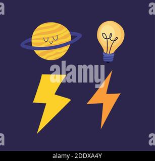 set of sticker with thunders, planets and one bulb Stock Vector