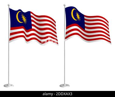 flag of malaysia flag on flagpole waving in wind. Holiday design element. Checkpoint for map symbols. Isolated vector on white background Stock Vector