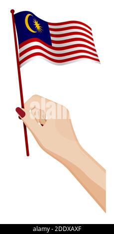 Female hand gently holds small flag of malaysia. Holiday design element. Cartoon vector on white background Stock Vector