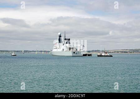 Portsmouth, UK - September 8, 2020:  The Royal Navy destroyer HMS Diamond moored at the Upper Harbour Ammunitioning Facility in Portsmouth Harbour, Ha Stock Photo