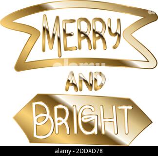 merry and bright in gold lettering with white background Stock Vector