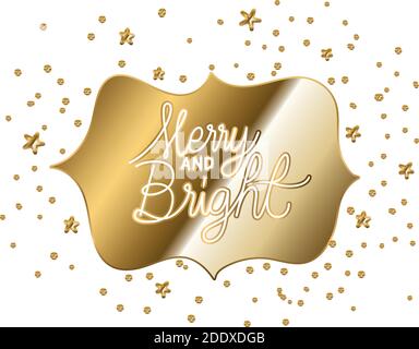 merry and bright in gold cursive lettering with stars Stock Vector