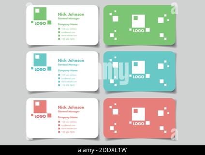 Simple designs for business name card in green, blue and red color. Vector illustration of mock up in front and back view isolated on plain background Stock Vector