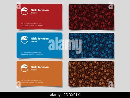 Set of three business name card designs with creative abstract shapes pattern on one side in red, blue and orange colors. Vector illustration isolated Stock Vector