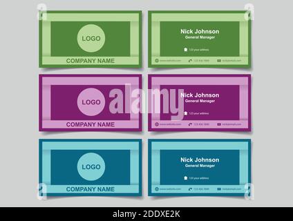 Business name cards with 3D frame design for business branding. Set of three vector illustrations of mockup with front and back view in cool colors is Stock Vector