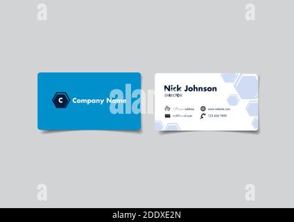 Front and back of a blue and white name card with hexagon design. Vector illustration isolated on grey background. Stock Vector