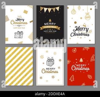 Merry christmas greeting cards with gold luxury decoration templates. Set of holiday posters, tag, banner, postcard design. Stock Vector