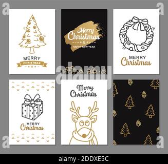 Merry christmas greeting cards with gold luxury decoration templates. Set of holiday posters, tag, banner, postcard design. Stock Vector