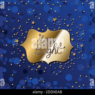 merry and bright in gold cursive lettering with stars on blue background Stock Vector