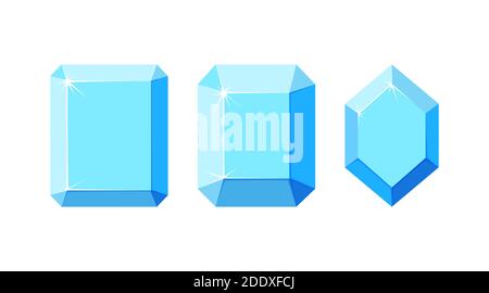 Diamonds with different faceting. Set of square and hexagon diamond crystals with top view. Cartoon vector illustration Stock Vector