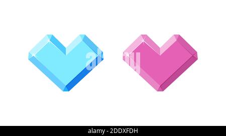 Diamond and amethyst in shape of heart. Pink heart crystals isolated in white background. Cartoon vector illustration Stock Vector
