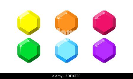 Hexagon colorful gemstones. Ruby, emerald, amethyst, diamond and quartz top view. Cartoon vector illustration Stock Vector