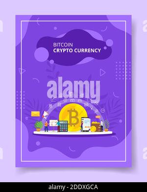 bitcoin crypto currency people standing around bitcoin calculator smartphone wallet for template of banners, flyer, books cover, magazines with liquid Stock Vector