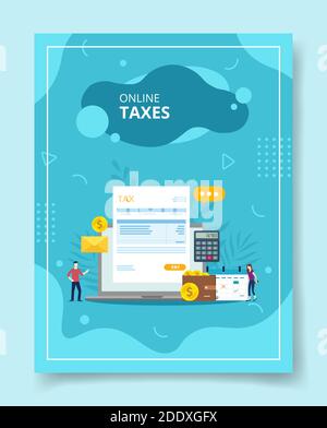 online taxes people standing around laptop bill tax on screen display calculator wallet calendar for template of banners, flyer, books cover Stock Vector