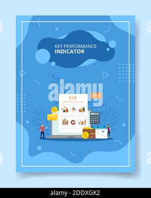 key performance indicator people standing around laptop curve bar pie chart on screen for template of banners, flyer, books cover, magazines with Stock Vector