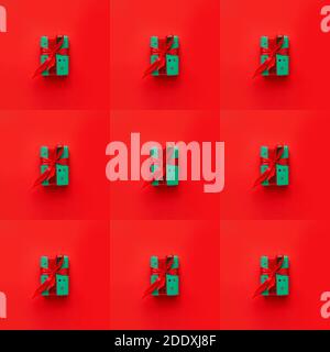 Seamless pattern with Christmas gift box with bow on red background Stock Photo