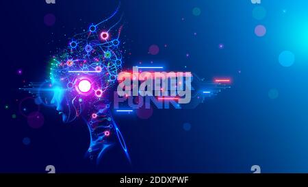 AI. Woman Cyborg head with artificial neural networks brain. Neon cyberpunk word in style 80th. Female robot face with computer artificial Stock Vector