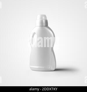 Mockup of white glossy plastic bottle for gel powder, isolated on background. Laundry liquid cans template, empty packaging without label, for design Stock Photo