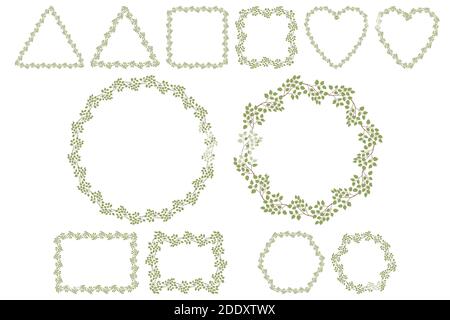 Green leaves branch wreath on white background. Vector drawing. Collection include six shape of frame - sircle, heart, square, hexagon, rectangle, triangle. Stock Vector