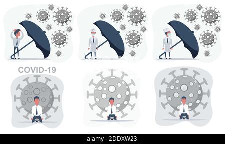 Biological hazard. Epidemic of the coronavirus. Man in a protective suit and mask. Portrait of a sick man with coronavirus.Vaccine from, flu Stock Vector