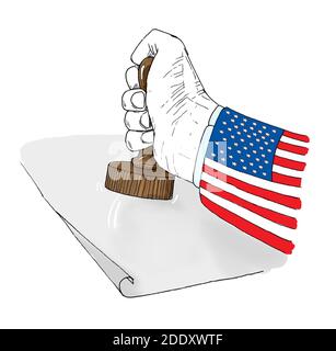 United State Flag American Man Hand Stamping on Blank Paper with Old Style Wooden Stamp | Caricature outline illustration Drawing Stock Photo
