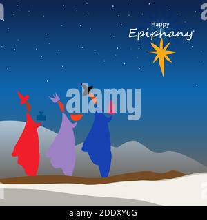 Vector illustration of Epiphany, a Christian festival. Jesus Christ soon after he was born. Abstract 3 kings looking at star in dark night background Stock Vector