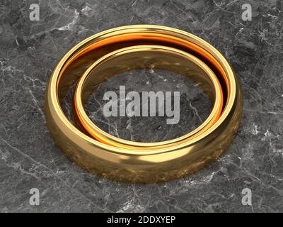 Two wedding gold rings lie next to each other on marble background. 3d rendering Stock Photo