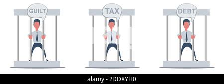 Sad businessman with speech bubble in prison behind the bars. Financial crime concept. Stock Vector