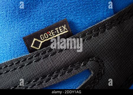 Zaragoza, Spain - October 21, 2021: Logo of the waterproof membrane, known as Goretex, on a hiking boot. Stock Photo