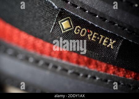 Zaragoza, Spain - October 21, 2021: Logo of the waterproof membrane, known as Goretex, on a hiking boot. Stock Photo