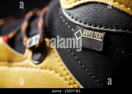 Zaragoza, Spain - October 21, 2021: Logo of the waterproof membrane, known as Goretex, on a hiking boot. Stock Photo