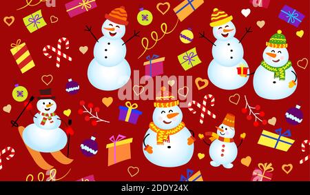 Winter pattern with snowmen, gifts and confetti. Family Snowman on dark red background. Vector Seamless pattern. can be used for Christmas cards or wr Stock Vector