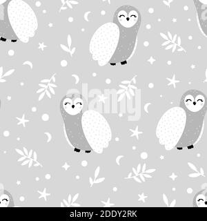 Cute winter owl seamless pattern with branches, moon, stars and abstract dots around. Hand drawn Scandinavian style vector illustration. Stock Vector