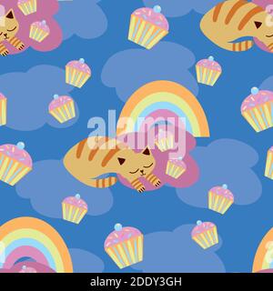 Cute vector sleeping kawaii cats with cupcakes, rainbows. Seamless pattern background. Snoozing ginger kitten curled up on blue cloud sky backdrop Stock Vector