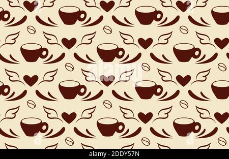 Romantic seamless pattern. Love for coffee concept. Stylish texture with beans, hearts, cup silhouette, flourish leaves. Brown color illustration on Stock Vector
