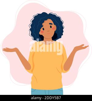 Black woman shrugging with a curious expression, doubt or question, vector illustration in flat style Stock Vector