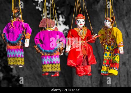 hanging string puppets for sale on stall at Bagan, Myanmar (Burma), Asia in February Stock Photo
